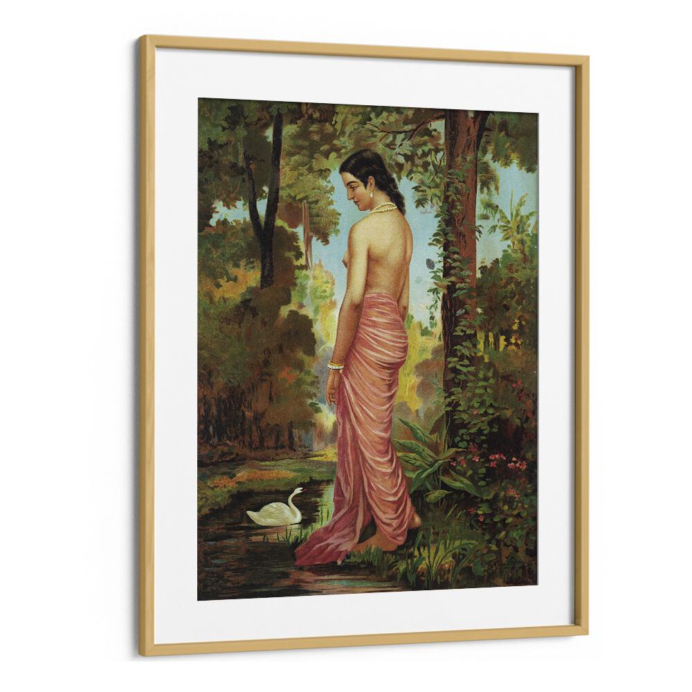 Varini Nymph By The River With A Swan By Raja Ravi Varma Indian Paintings in Oak Wood Frame With Mount