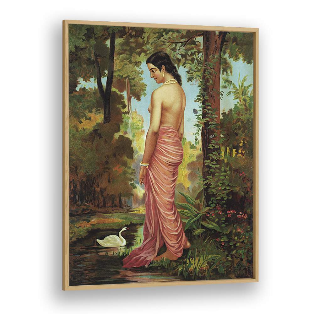 Varini Nymph By The River With A Swan By Raja Ravi Varma Indian Paintings in Oak Wood Plain Frame