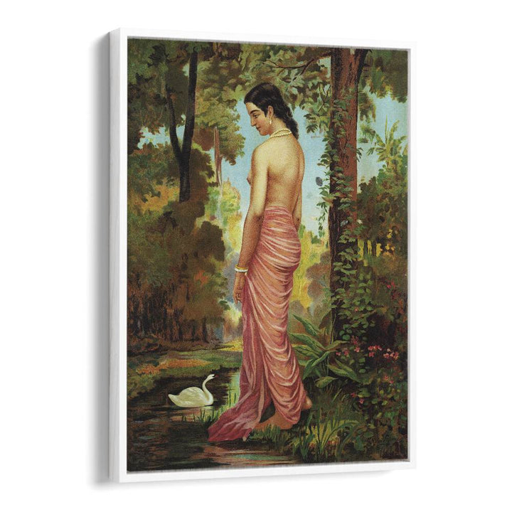 Varini Nymph By The River With A Swan By Raja Ravi Varma Indian Paintings in White Floater Frame