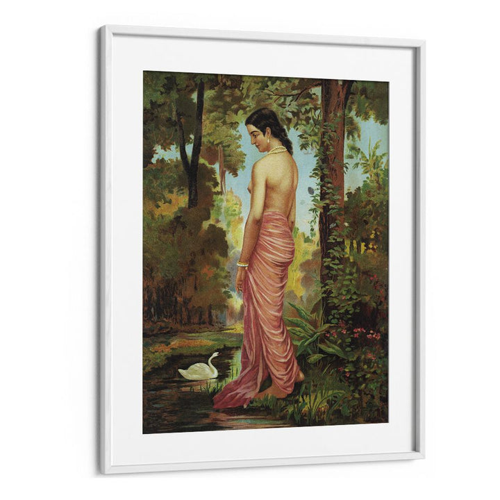 Varini Nymph By The River With A Swan By Raja Ravi Varma Indian Paintings in White Frame With Mount