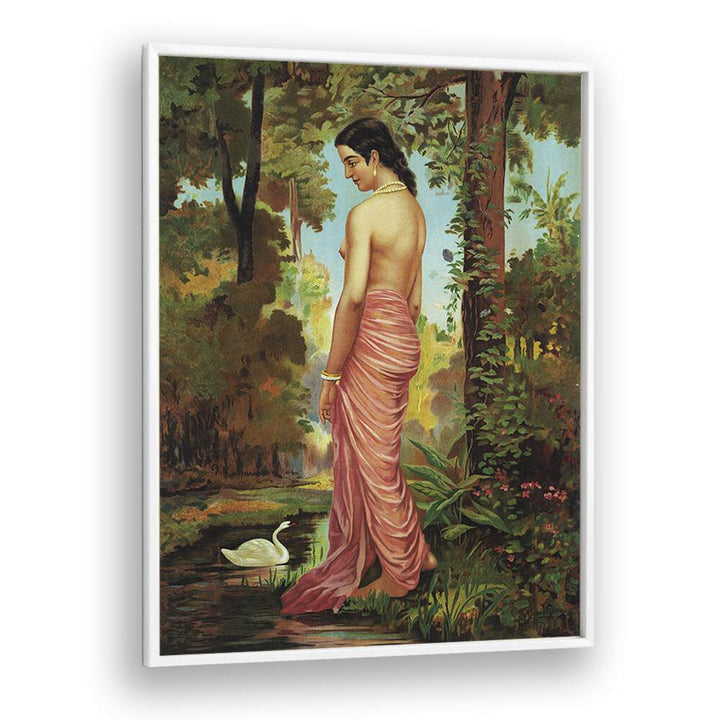 Varini Nymph By The River With A Swan By Raja Ravi Varma Indian Paintings in White Plain Frame