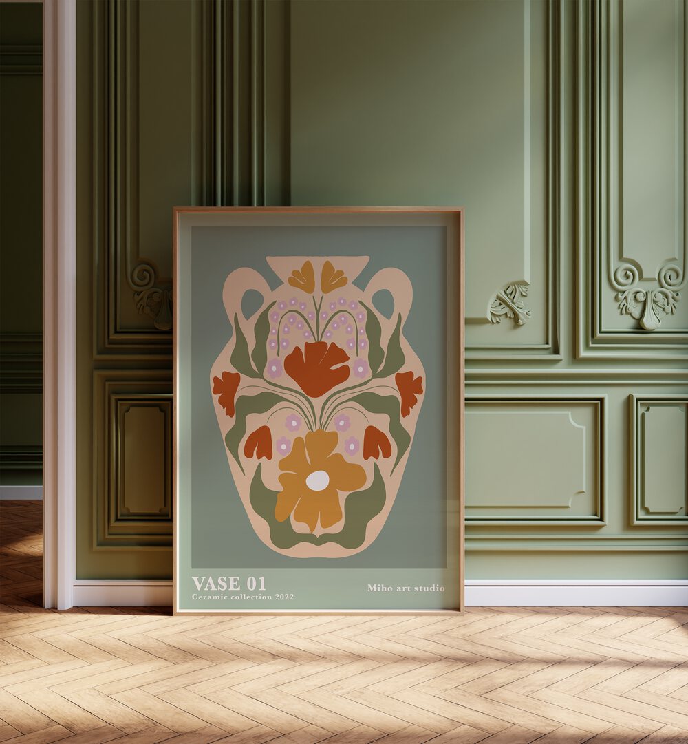 Vase I By Miho Art Studio Botanical Art Prints Floral Paintings in Oak Wood Plain Frame placed on the floor near a Green Colored Wall in the Alley Way