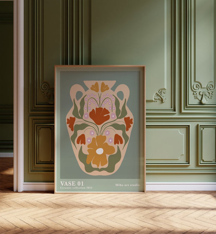 Vase I By Miho Art Studio Botanical Art Prints Floral Paintings in Oak Wood Plain Frame placed on the floor near a Green Colored Wall in the Alley Way