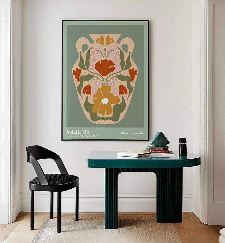 Vase I By Miho Art Studio Botanical Art Prints Floral Paintings in Black Plain Frame placed on a Cream Colored Wall near a Table in a Workspace in the Drawing Room