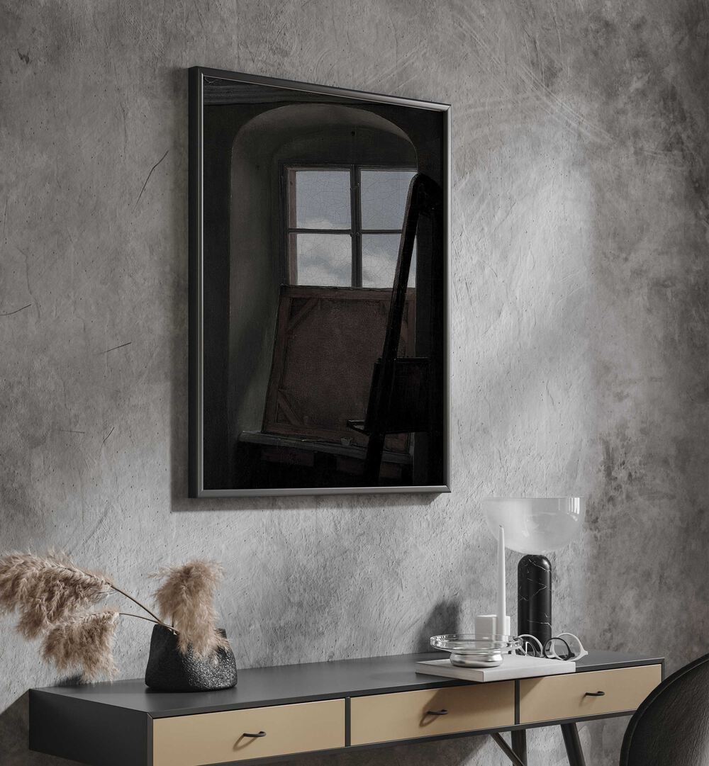 Veiled View Gothic Wall Art Prints in Black Plain Frame hanging on wall above console table.