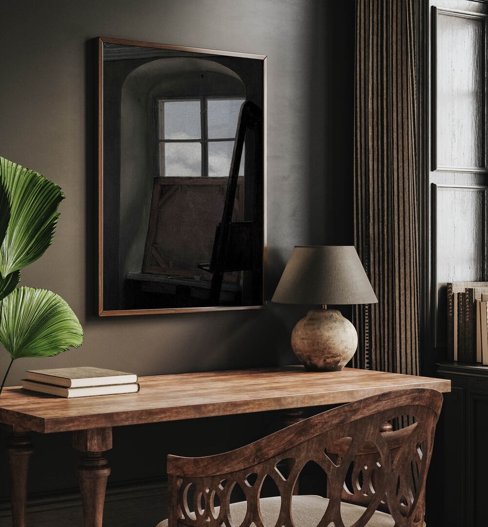 Veiled View Gothic Wall Art Prints in Oak Wood Plain Frame hanging on wall above study table beside a window.