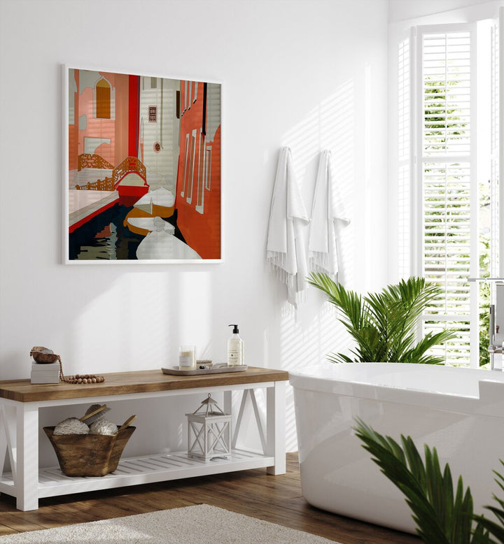 Venedig II By Ana Rut Bre Landscape Art Prints in White Plain Frame placed on a White Colored Wall near a Bathtub in the Bathroom