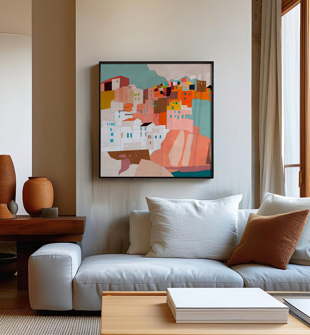 Vernaza Ii By Ana Rut Bre Landscape Art Prints in Black Plain Frame placed on a Beige Colored Wall in the Living Room