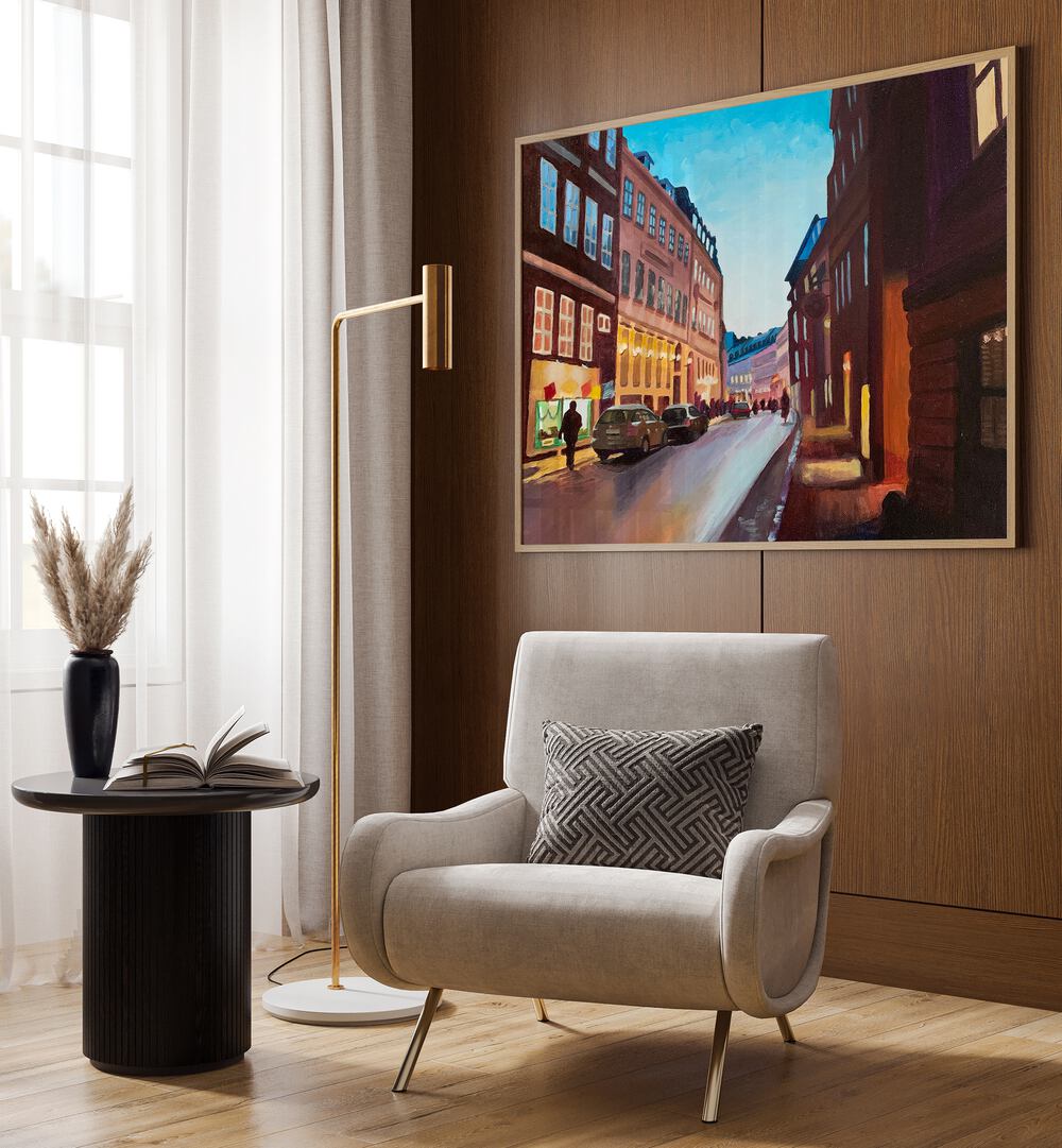 Vestergade By Key And Sea Creative Travel Art Prints in Oak Wood Plain Frame on a wall behind a sofa