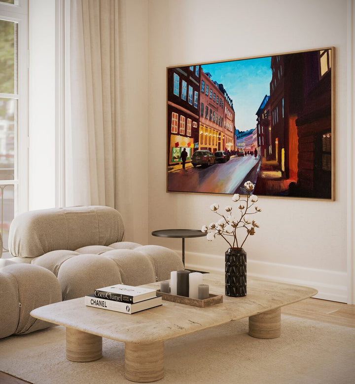 Vestergade By Key And Sea Creative Travel Art Prints in Oak Wood Plain Frame on a beige wall beside a sofa for living room