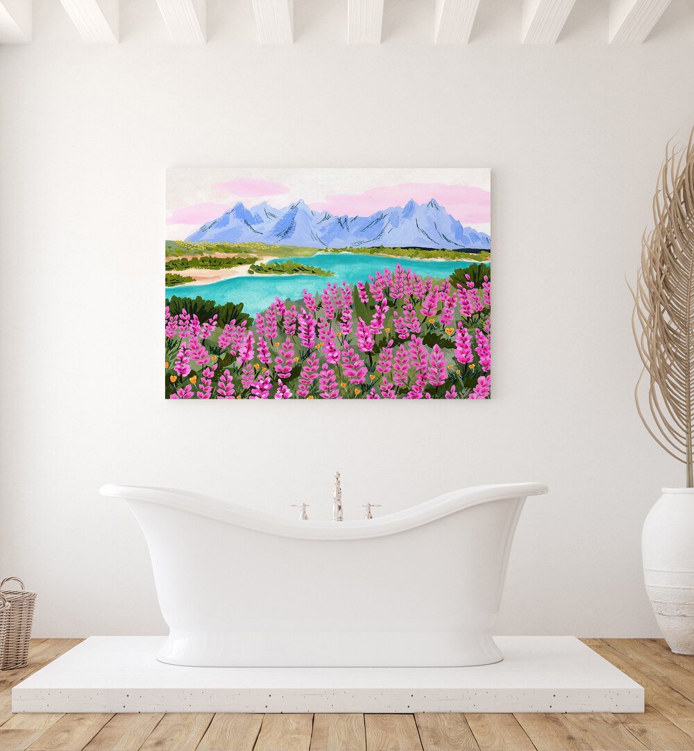 Vestrahorn By Sarah Gesek Landscape Art Prints in Gallery Wrap placed on a bathroom wall behind a bathtub