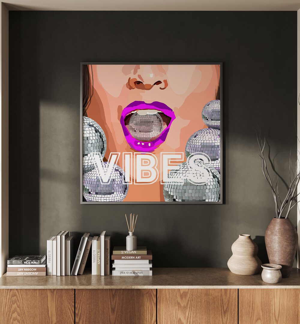 Vibes By Lynnda Rakos Pop Art Paintings Pop Art Prints in Black Plain Frame placed on a wall behind a table