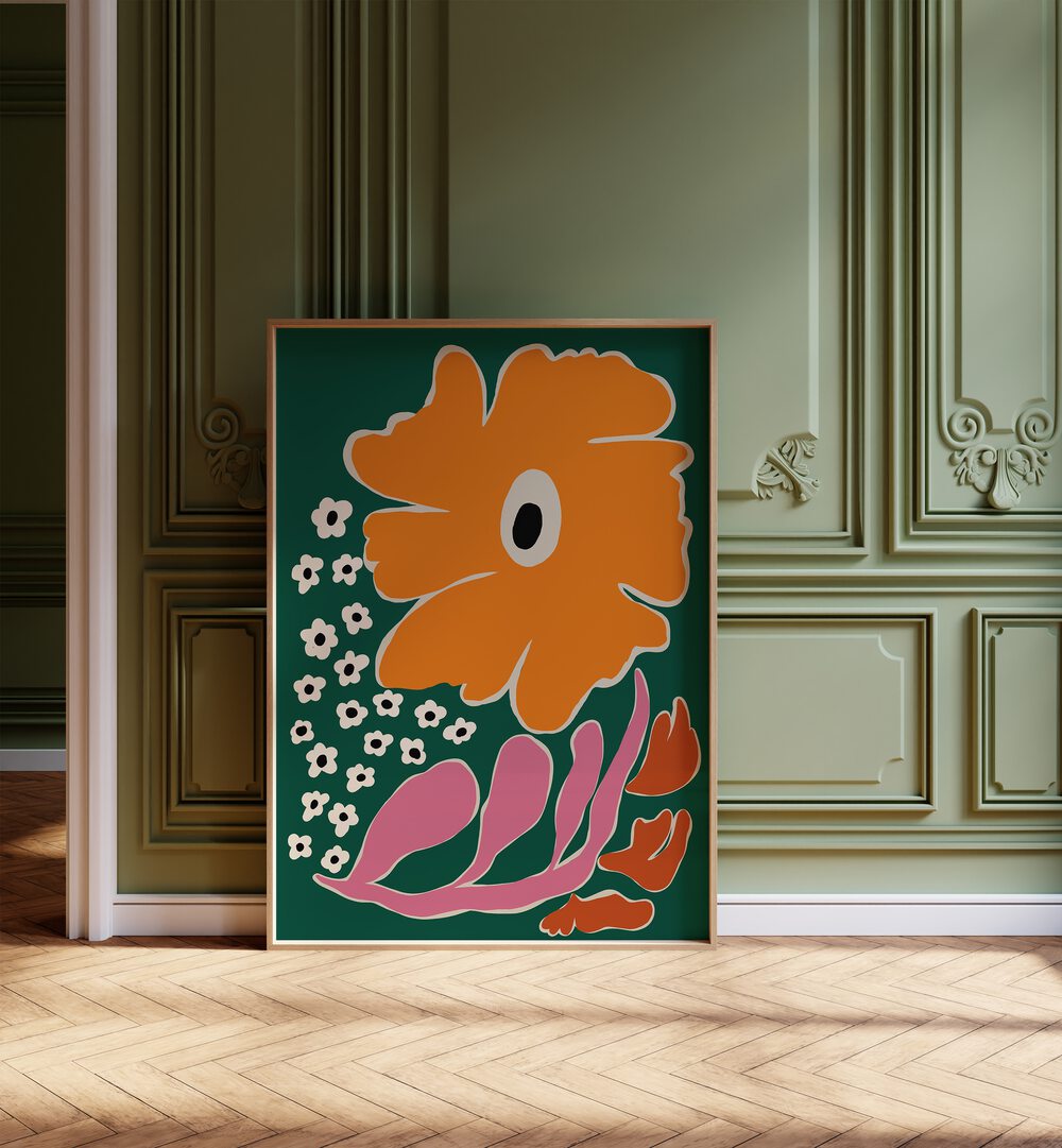 Vibrant Bold Tropical By Miho Art Studio Botanical Art Prints Floral Paintings in Oak Wood Plain Frame placed on the floor near a Green Colored Wall in the Alley Way