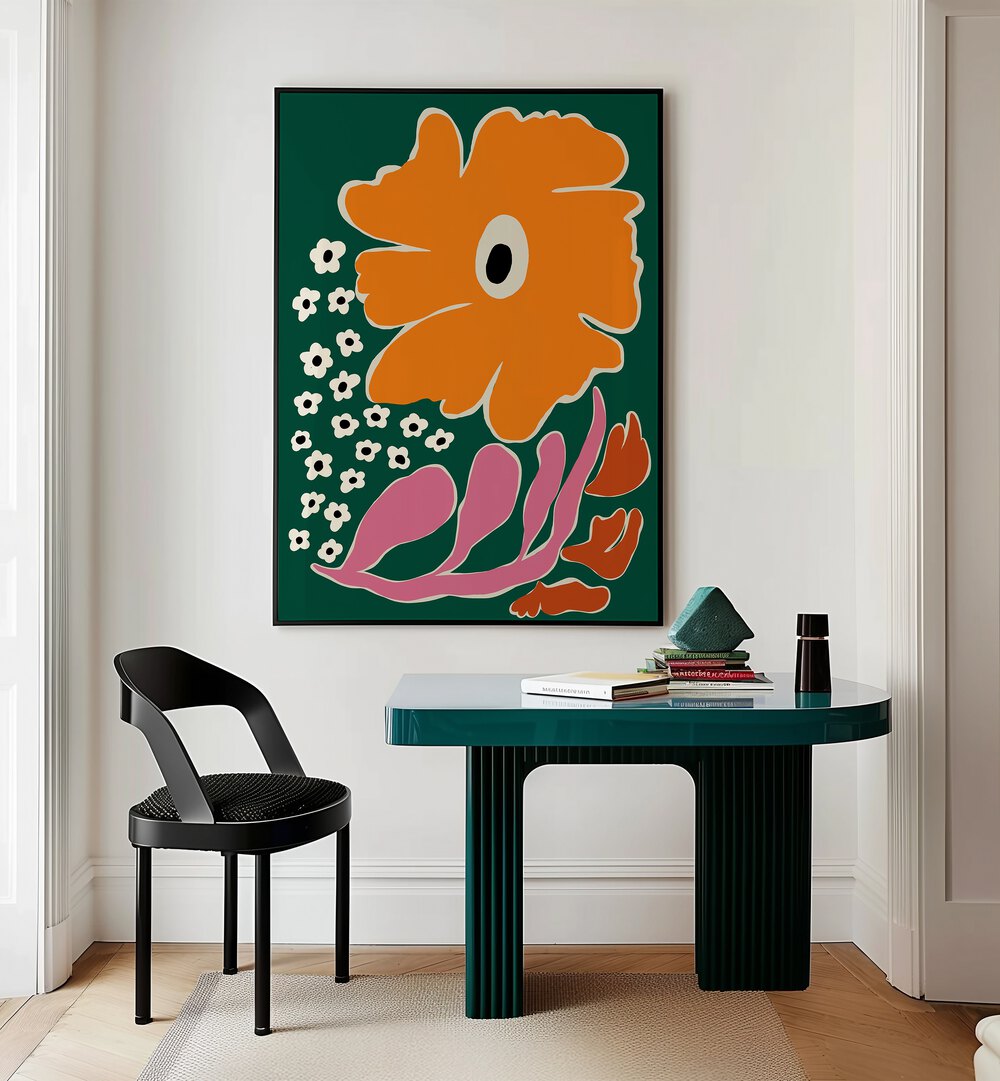 Vibrant Bold Tropical By Miho Art Studio Botanical Art Prints Floral Paintings in Black Plain Frame placed on a Cream Colored Wall near a Table in a Workspace in the Drawing Room