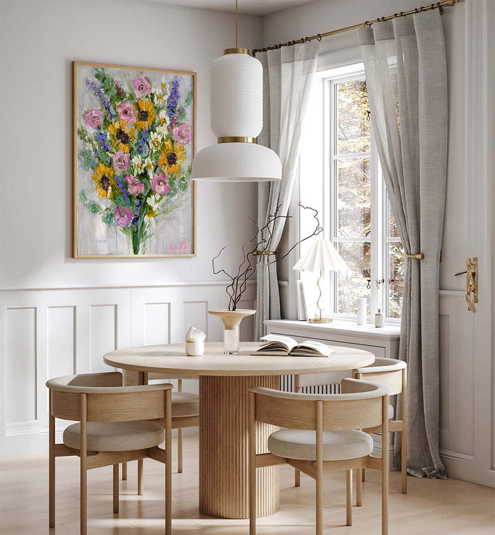 Bright and colorful VIBRANT SUNFLOWERS BOUQUET, FLORAL FLOWER PAINTINGS enhancing modern decor with nature's beauty.