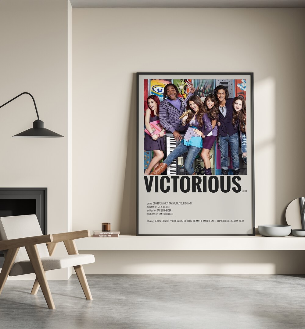 Victorious 2010 Movie Posters in Black Plain Frame placed on a shelf beside a hearth