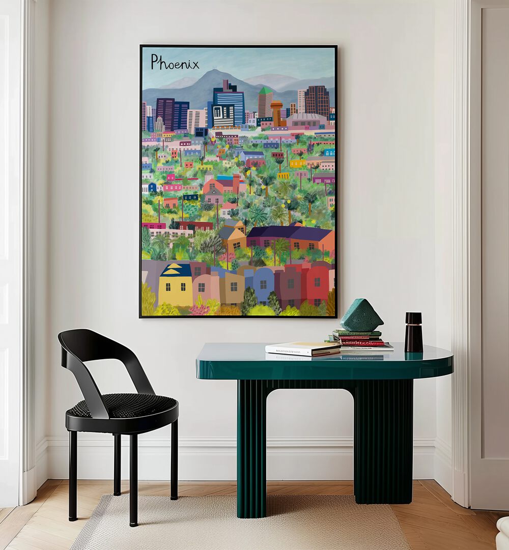 View Over Phoenix Arizona Illustrated by Carla Daly Travel Posters in Black Plain Frame placed on a wall behind a study table