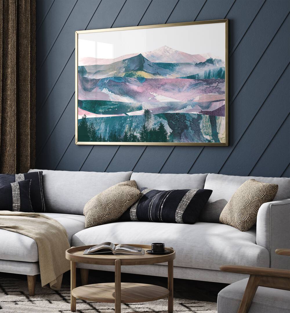 Views By Dan Hobday Abstract Art Abstract Paintings in Gold Plain Frame placed on a Blue Colored Wall near a White Sofa in the Living Room