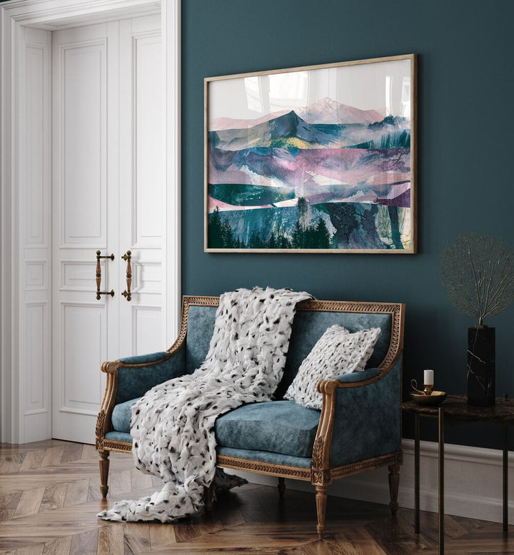 Views By Dan Hobday Abstract Art Abstract Paintings in Gold Plain Frame placed on a Blue Colored Wall in the Drawing Room