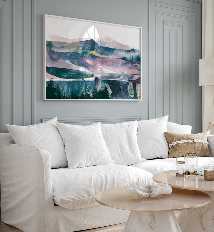 Views By Dan Hobday Abstract Art Abstract Paintings in White Plain Frame placed on a Grey Colored Wall near a White Sofa in the Living Room