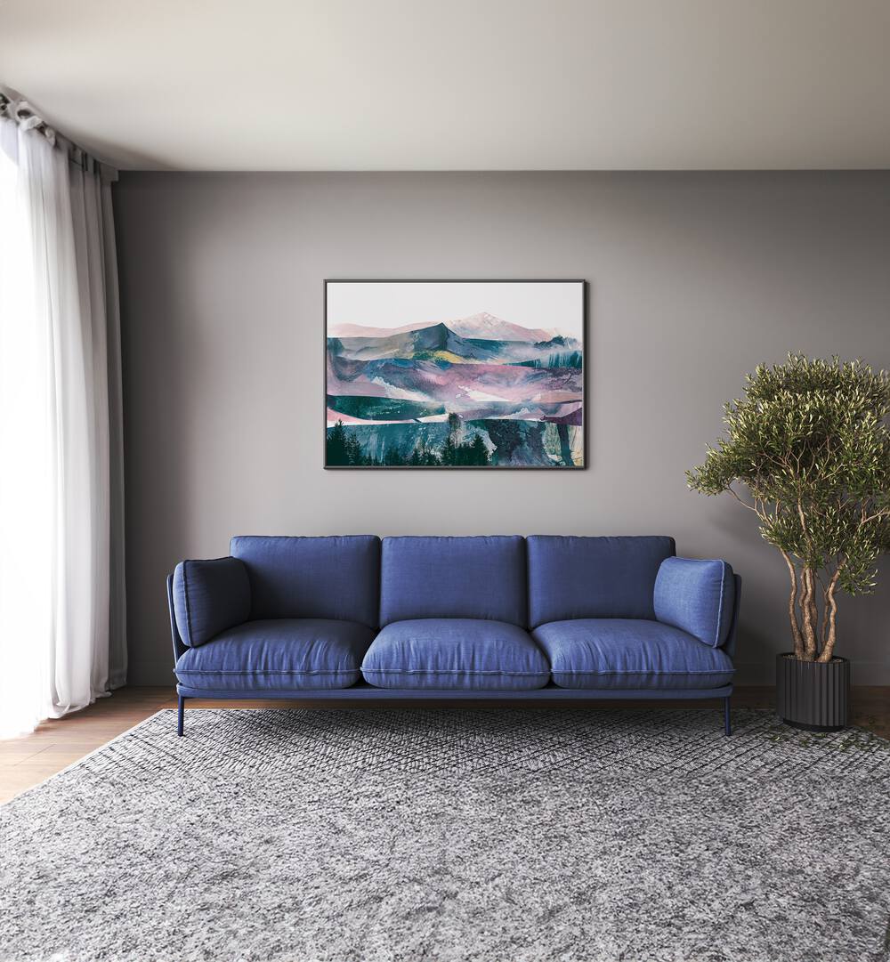 Views By Dan Hobday Abstract Art Abstract Paintings in Black Plain Frame placed on a Beige Colored Wall near a Blue Sofa in the Living Room