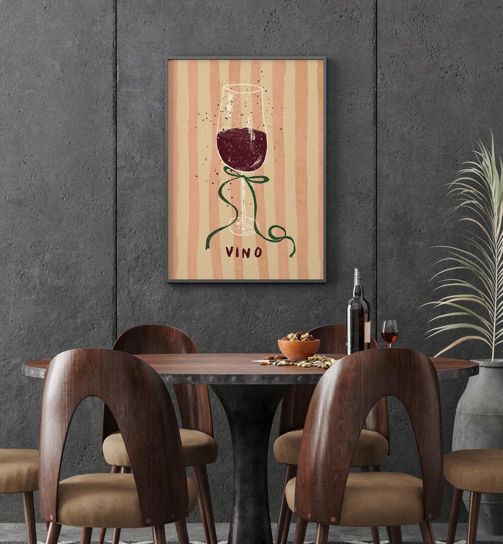 Vino by Studio Dolci Kitchen Posters in Black Plain Frame placed on a wall behind a dining table for dining area