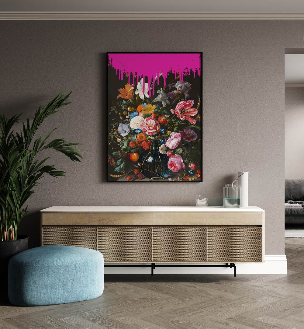 Vintage Botanical by the Art Concept Altered Art Prints in Black Plain Frame placed on a wall behind a console table