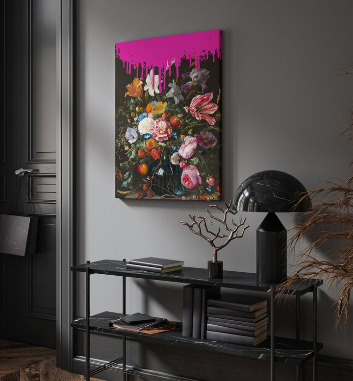 Vintage Botanical by the Art Concept Altered Art Prints in Gallery Wrap placed on a wall behind a table and beside a door