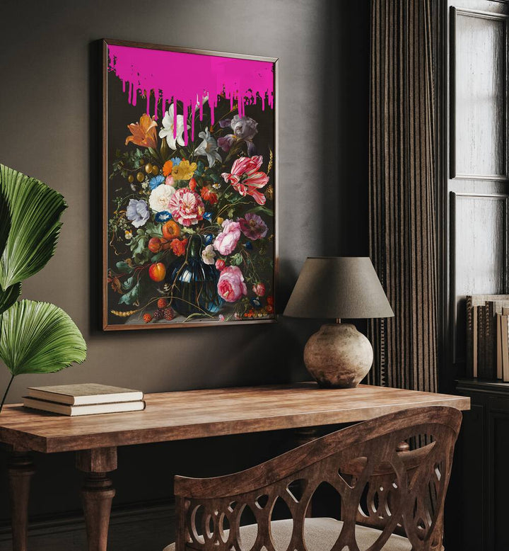 Vintage Botanical by the Art Concept Altered Art Prints in Dark Wood Plain Frame placed on a wall above a study table