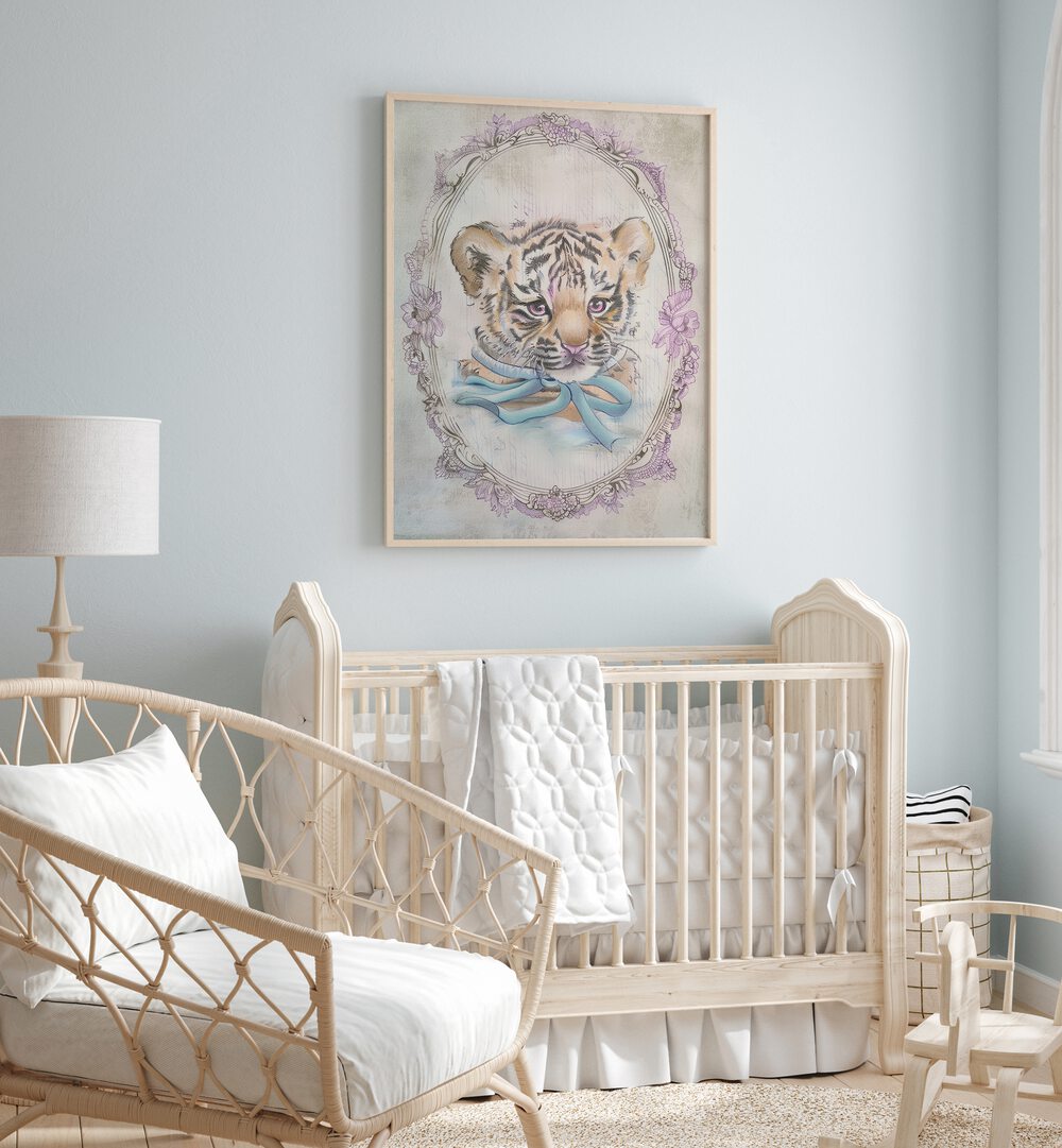 Vintage Cute Cubby Kids Room Paintings,Kids Room Wall Art in Oak Wood Plain Frame placed on a blue wall behind an infant's bed for kids room