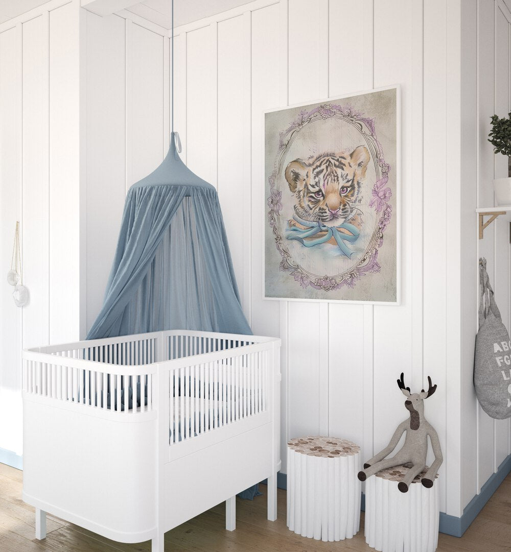 Vintage Cute Cubby Kids Room Paintings,Kids Room Wall Art in White Plain Frame placed on a wall beside an infant's bed for kids room