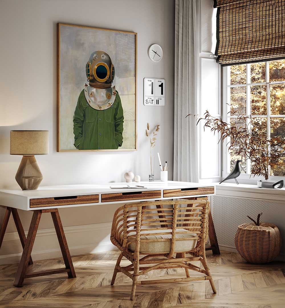 VINTAGE DIVER'S HELMET ON A PERSON , PORTRAITS & FIGURATIVE ILLUSTRATIONS