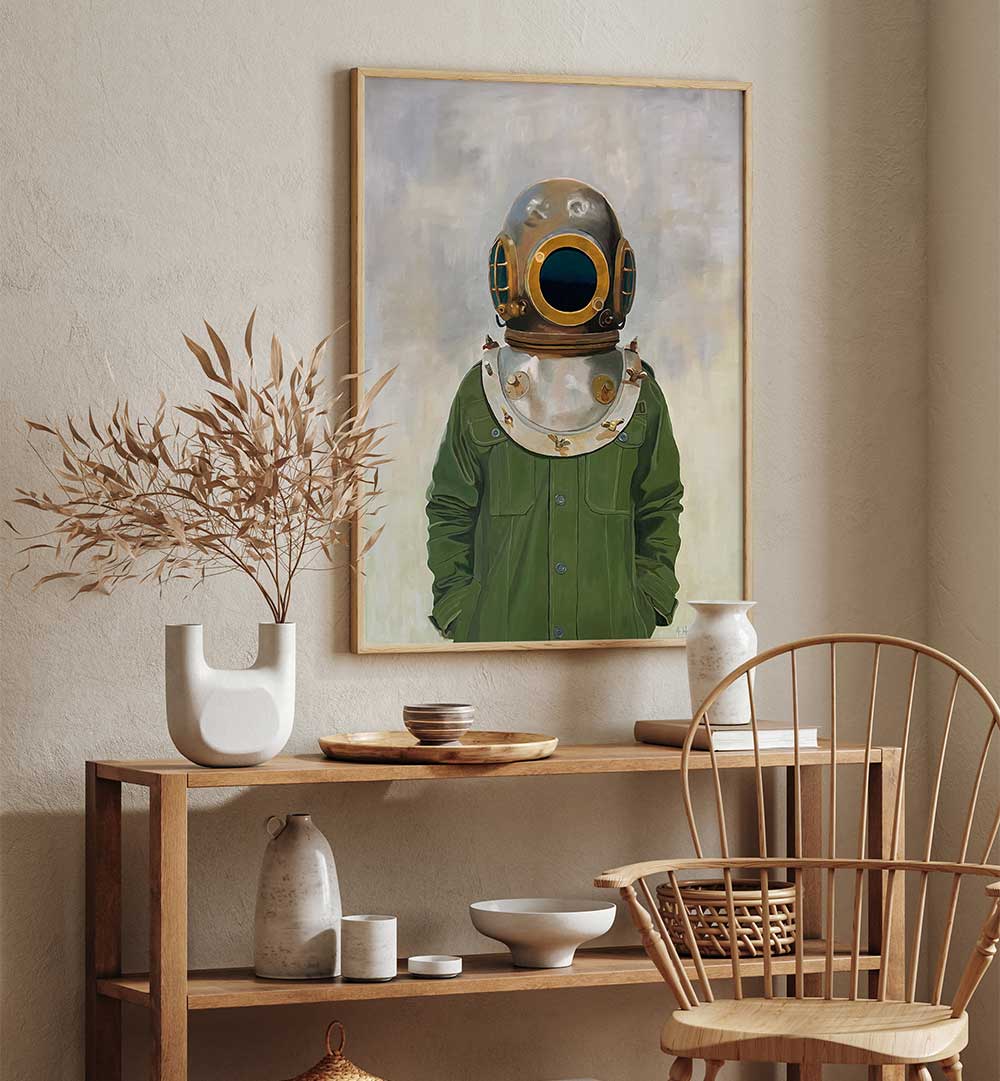 VINTAGE DIVER'S HELMET ON A PERSON , PORTRAITS & FIGURATIVE ILLUSTRATIONS