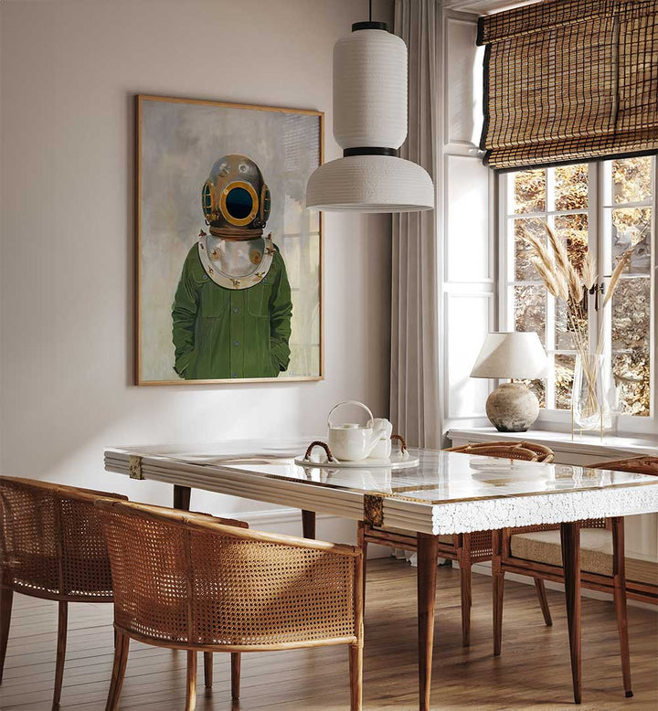 VINTAGE DIVER'S HELMET ON A PERSON , PORTRAITS & FIGURATIVE ILLUSTRATIONS