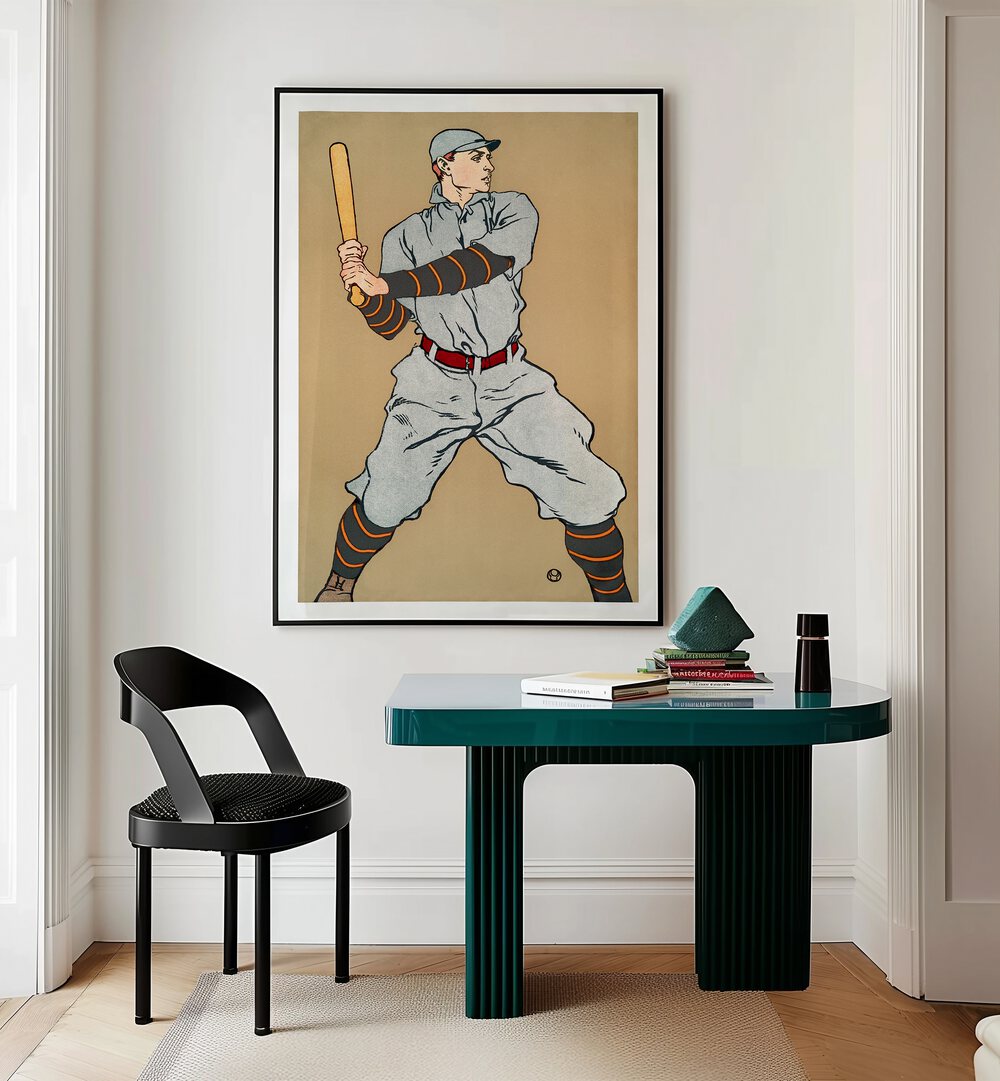 Vintage Drawing Of A Baseball Player Holding A Bat 1908 Vintage Paintings in Black Plain Frame placed on the wall behind a study table