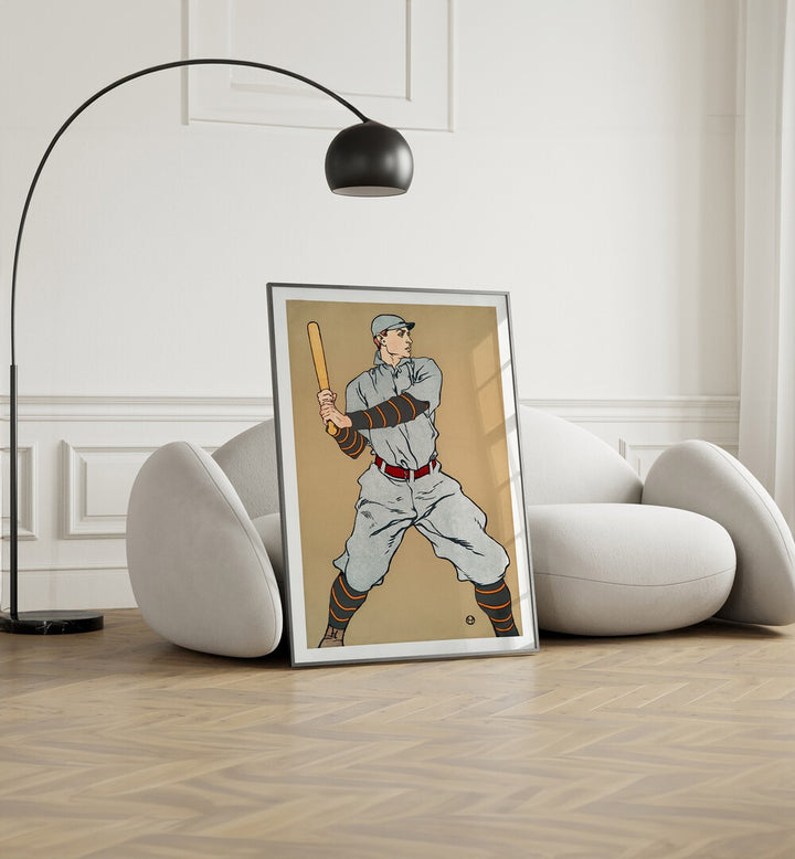 Vintage Drawing Of A Baseball Player Holding A Bat 1908 Vintage Paintings in Black Plain Frame placed on the floor beside a sofa