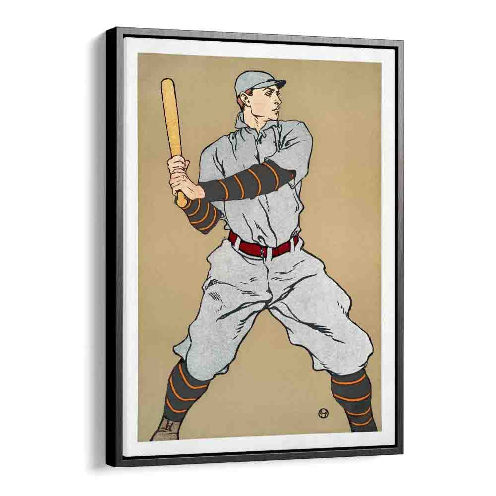 Vintage Drawing Of A Baseball Player Holding A Bat 1908 Vintage Paintings in Black Floater Frame