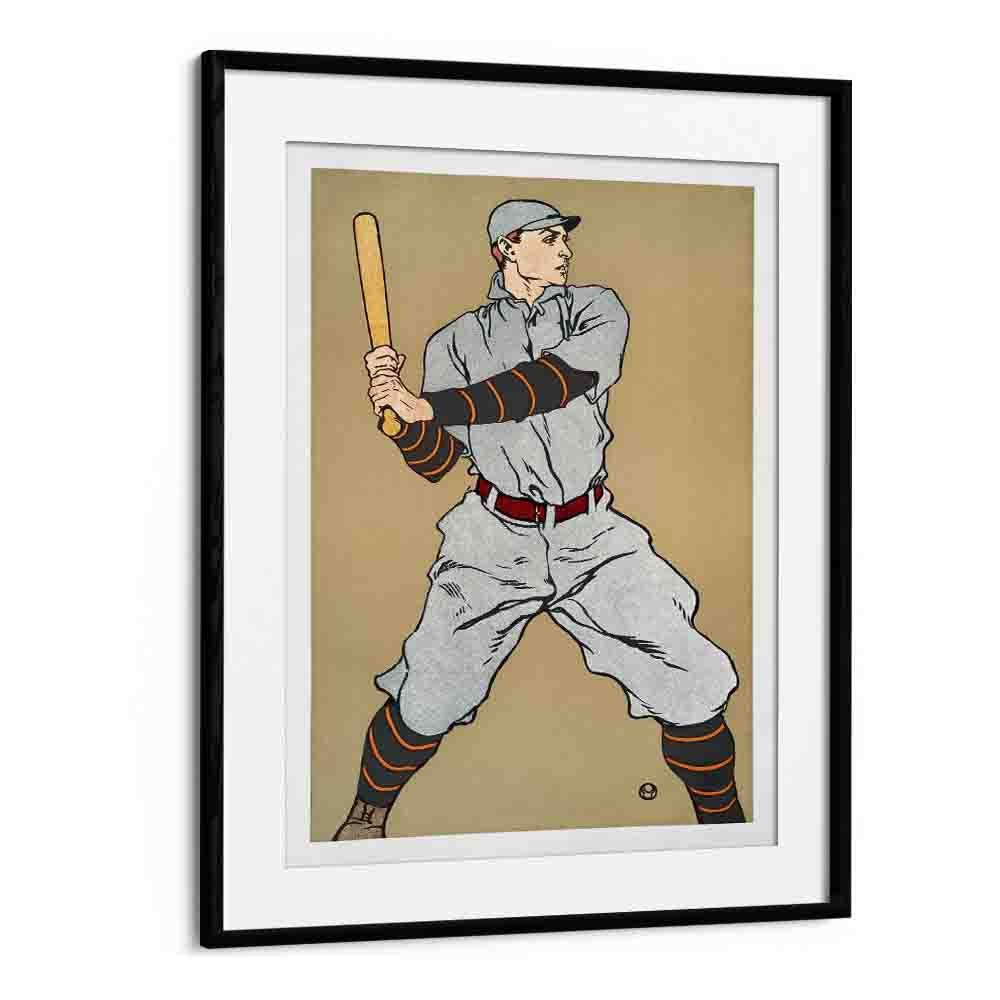 Vintage Drawing Of A Baseball Player Holding A Bat 1908 Vintage Paintings in Black Frame With Mount