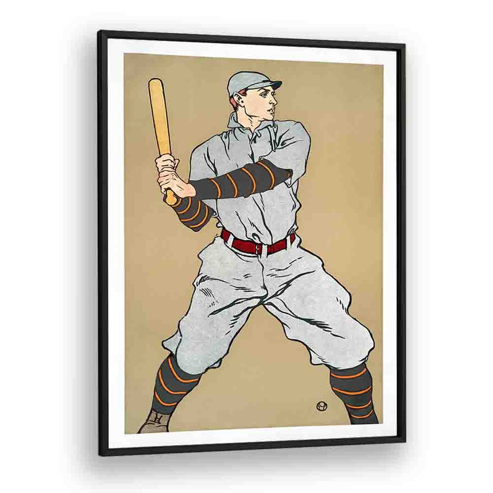 Vintage Drawing Of A Baseball Player Holding A Bat 1908 Vintage Paintings in Black Plain Frame