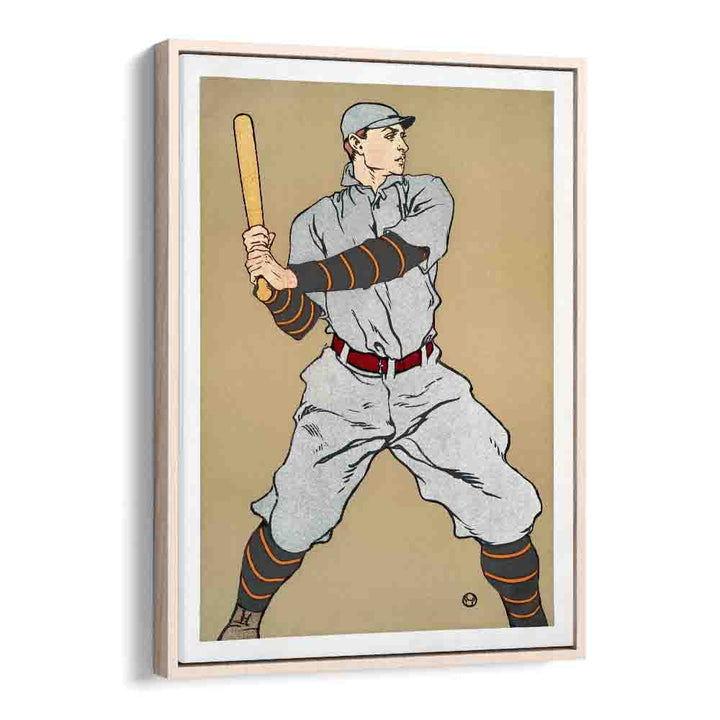 Vintage Drawing Of A Baseball Player Holding A Bat 1908 Vintage Paintings in Oak Wood Floater Frame