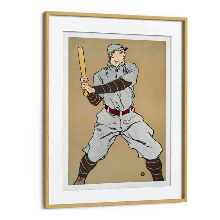 Vintage Drawing Of A Baseball Player Holding A Bat 1908 Vintage Paintings in Oak Wood Frame With Mount