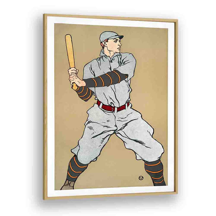 Vintage Drawing Of A Baseball Player Holding A Bat 1908 Vintage Paintings in Oak Wood Plain Frame