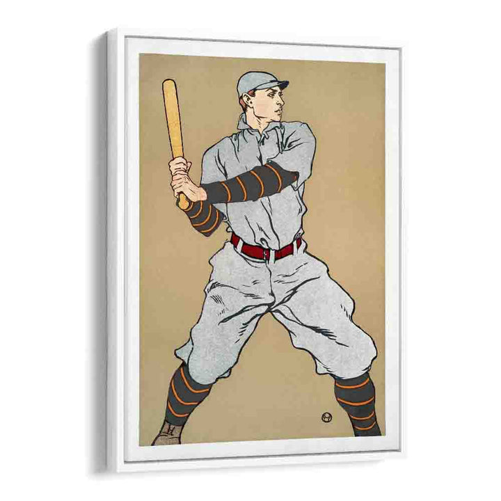 Vintage Drawing Of A Baseball Player Holding A Bat 1908 Vintage Paintings in White Floater Frame