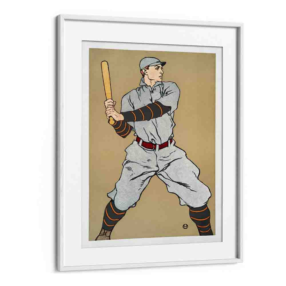 Vintage Drawing Of A Baseball Player Holding A Bat 1908 Vintage Paintings in White Frame With Mount