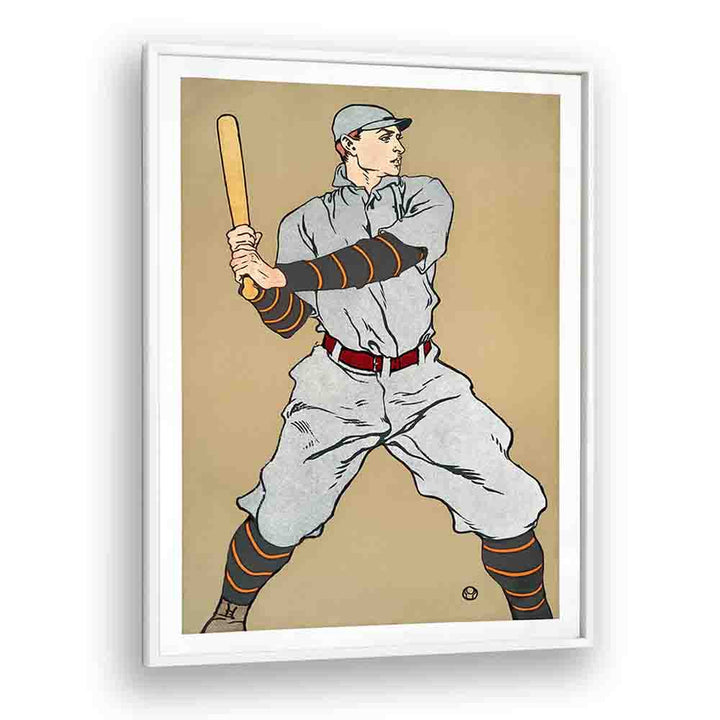 Vintage Drawing Of A Baseball Player Holding A Bat 1908 Vintage Paintings in White Plain Frame