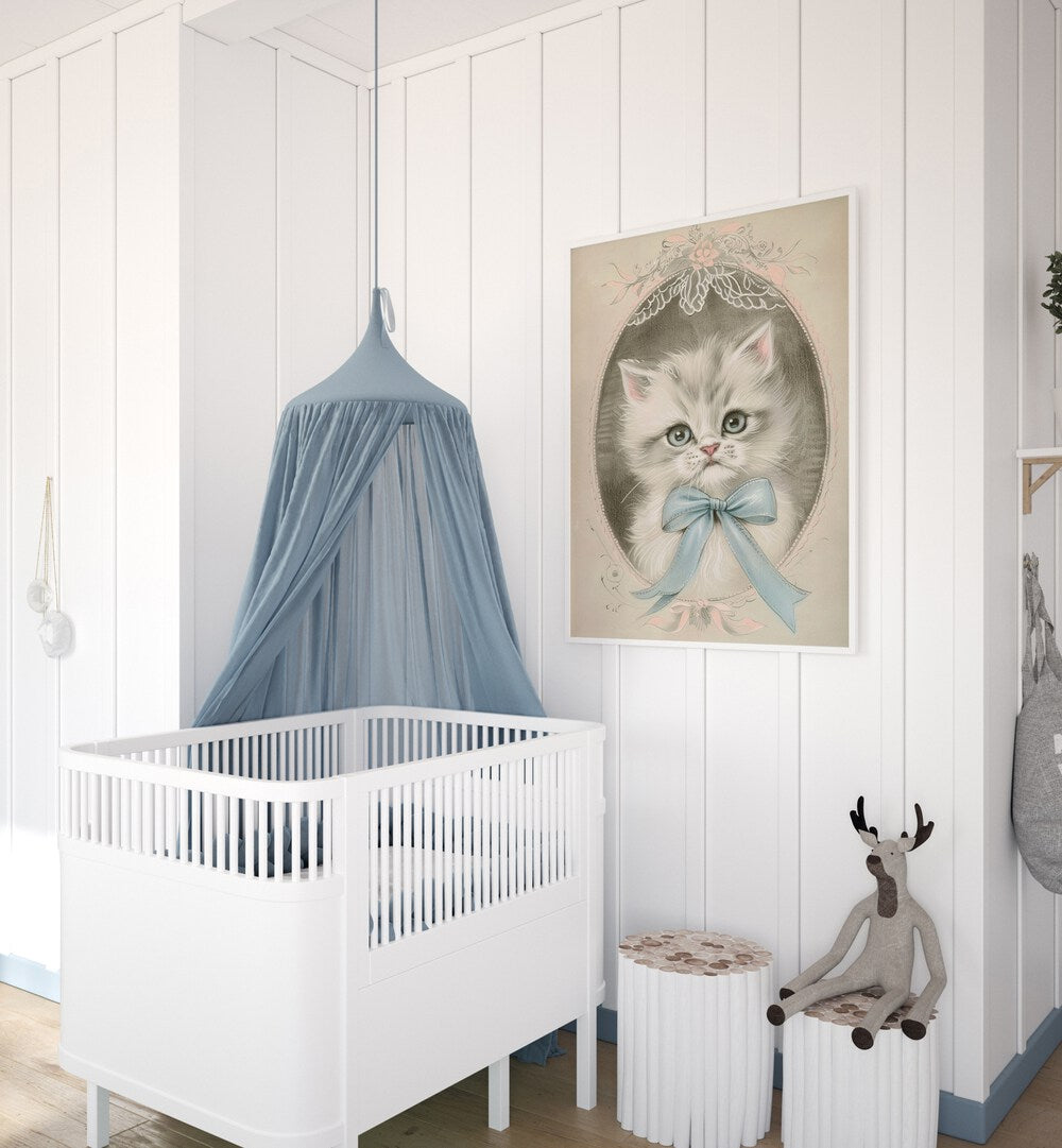 Vintage Kitten Kids Room Paintings Kids Room Wall Art in White Plain Frame placed on a wall in a kids room beside an infant's bed