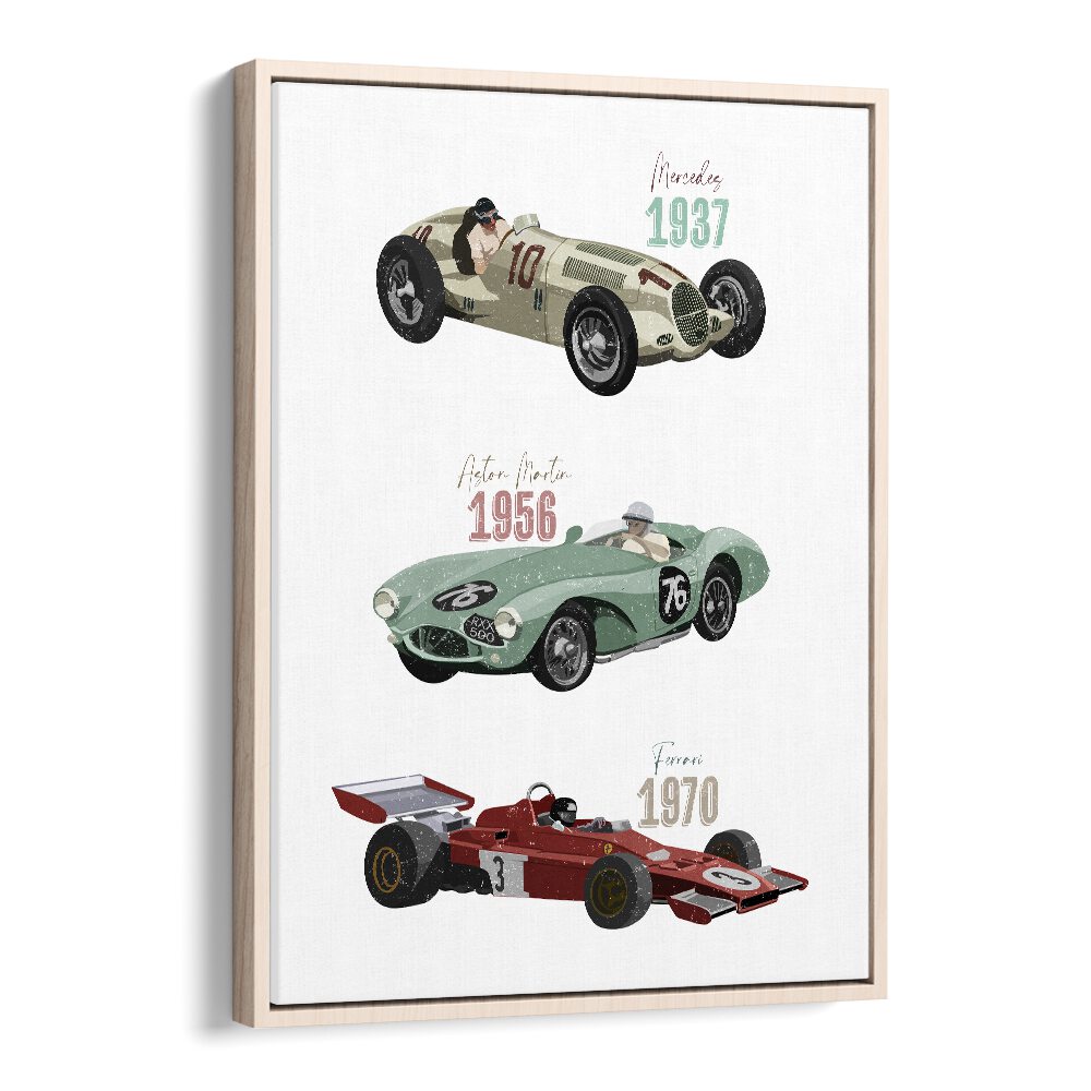 Vintage Race Cars by Goed Blauw Kids Paintings in Oak Wood Floater Frame