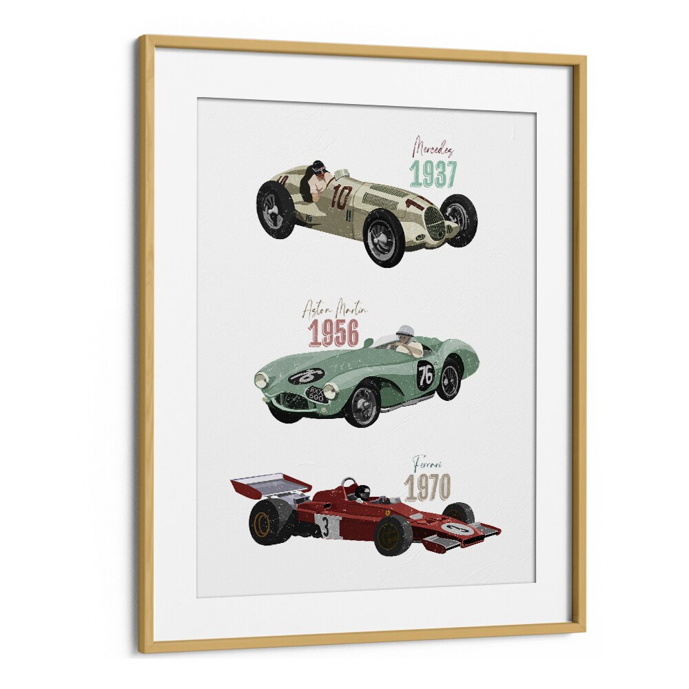 Vintage Race Cars by Goed Blauw Kids Paintings in Oak Wood Frame With Mount