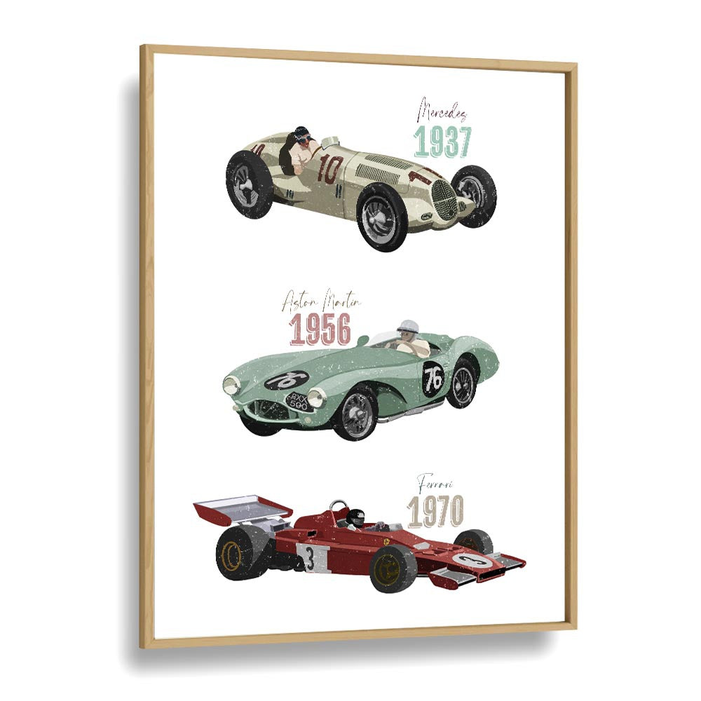 Vintage Race Cars by Goed Blauw Kids Paintings in Oak Wood Plain Frame