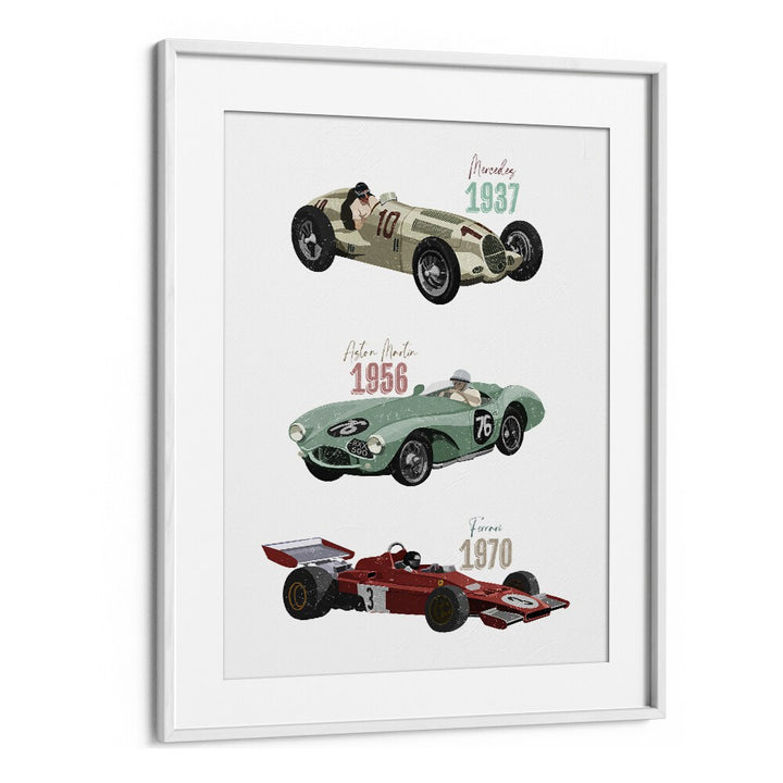 Vintage Race Cars by Goed Blauw Kids Paintings in White Frame With Mount